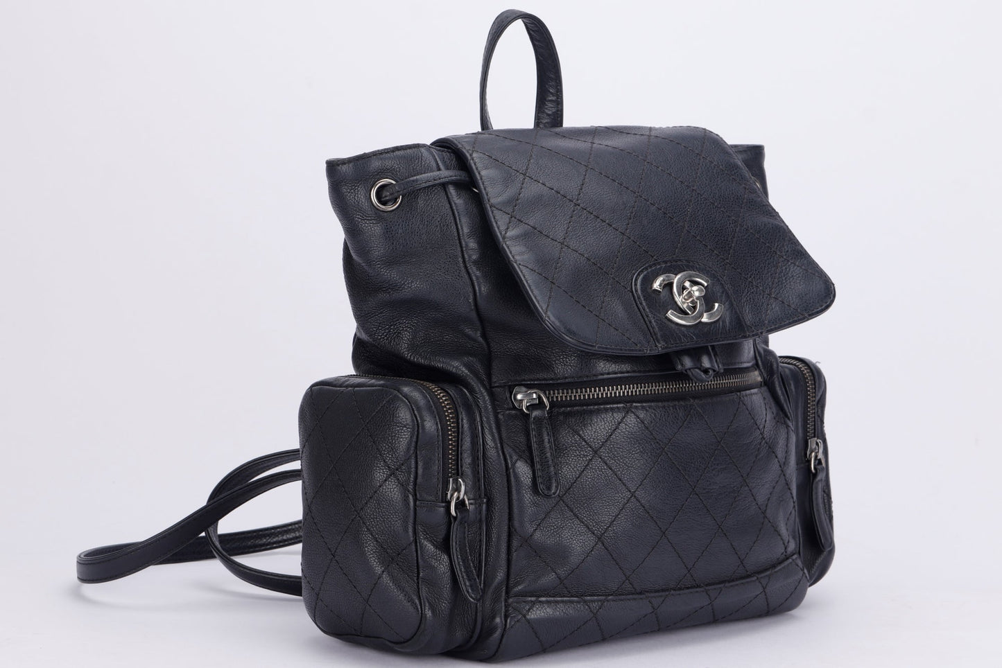 CHANEL BLACK CALFSKIN BACKPACK (2396XXXX), SILVER HARDWARE, WITH , NO HOLOGRAM & DUST COVER
