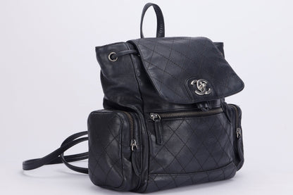 CHANEL BLACK CALFSKIN BACKPACK (2396XXXX), SILVER HARDWARE, WITH , NO HOLOGRAM & DUST COVER