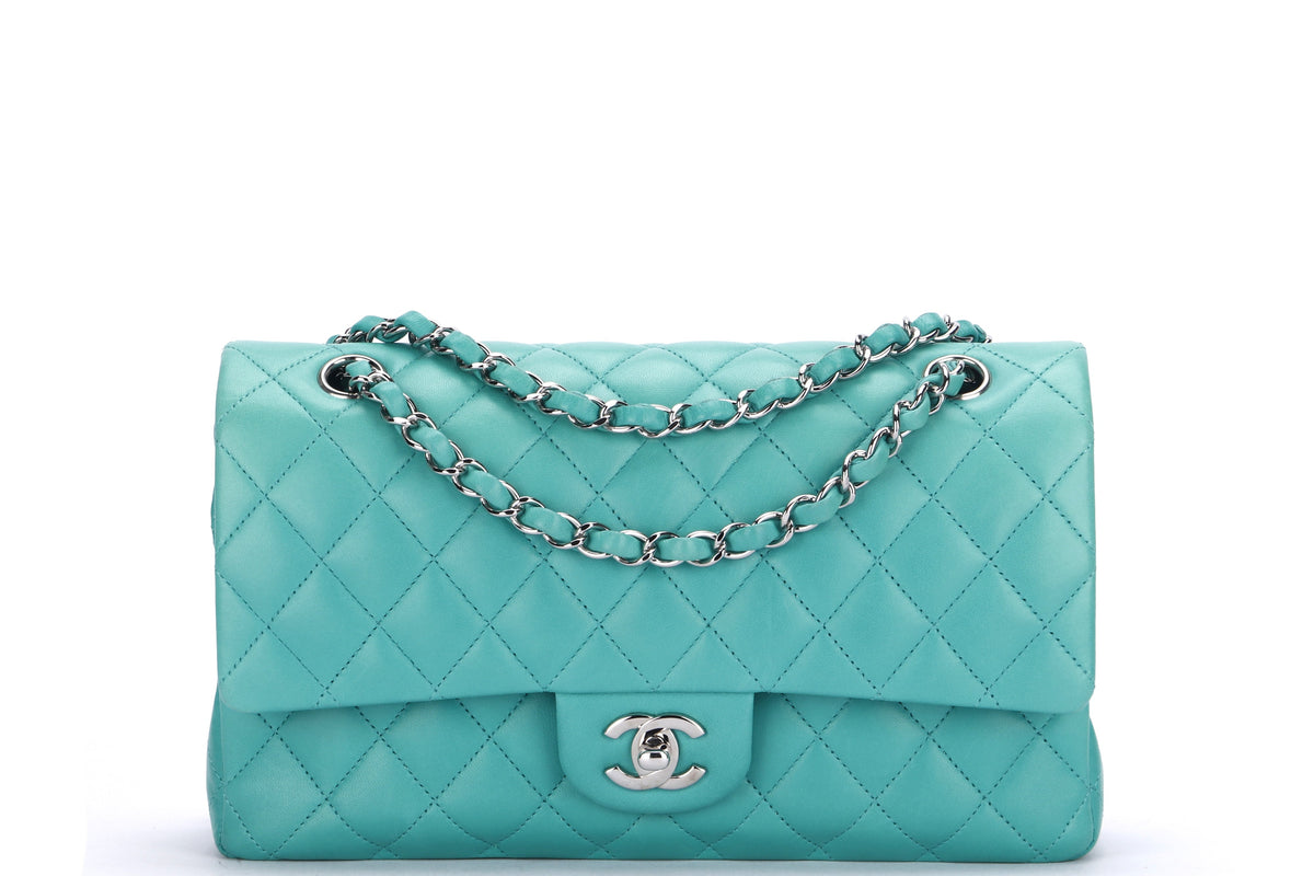 CHANEL CLASSIC DOUBLE FLAP (1641xxxx) MEDIUM GREEN LAMBSKIN LEATHER, SILVER CHAIN, WITH , DUST COVER & BOX