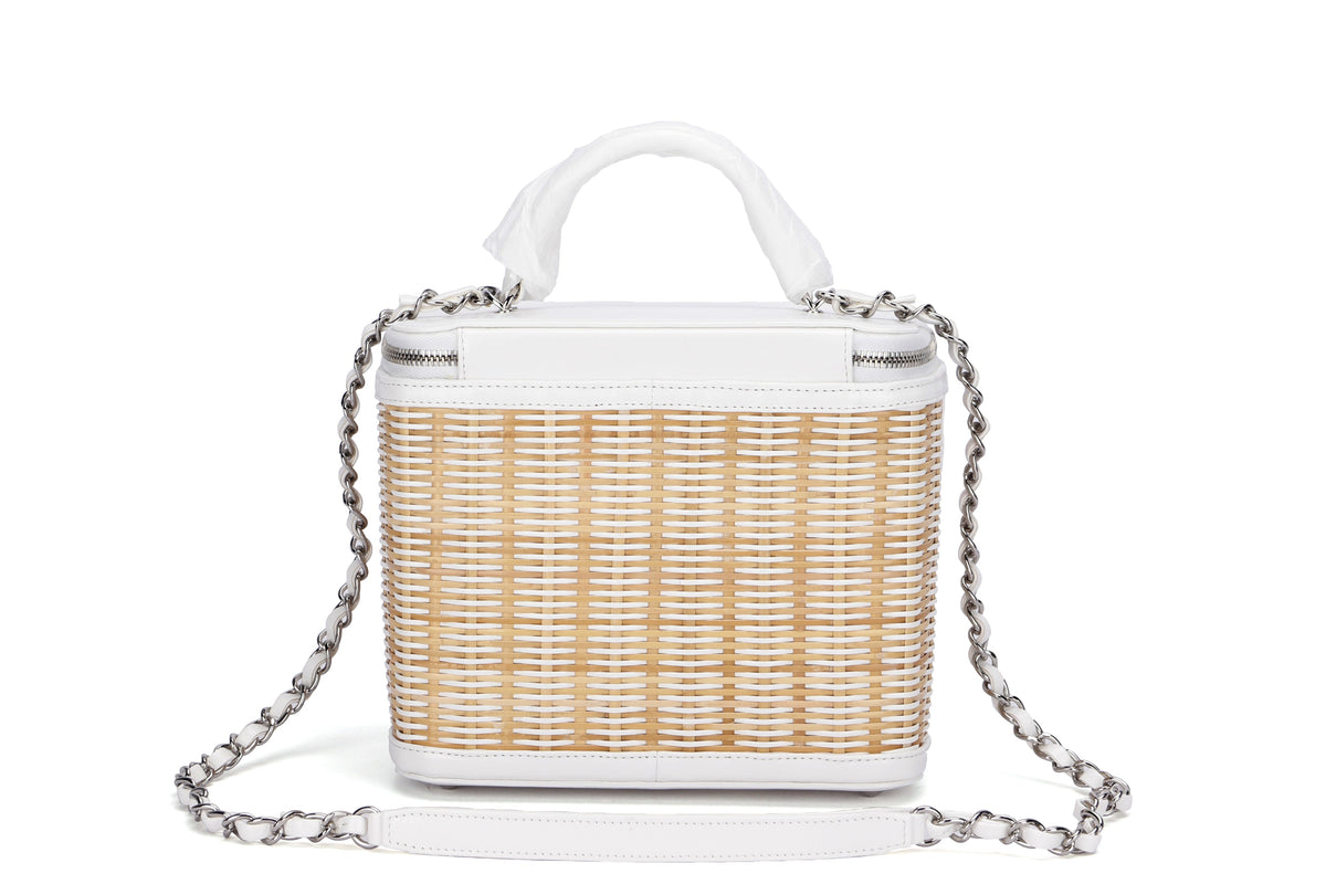 CHANEL VANITY CASE (2918xxxx) SMALL SIZE, WHITE LEATHER & RATTAN, SILVER HARDWARE, WITH , DUST COVER & BOX