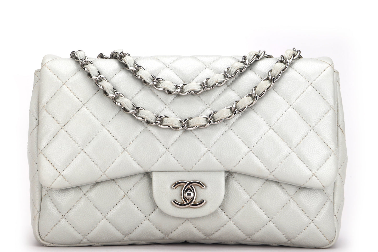 CHANEL CLASSIC SINGLE FLAP BAG (1282xxxx) JUMBO LIGHT MINT GREEN COLOR CAVIAR LEATHER, SILVER HARDWARE, WITH  & DUST COVER