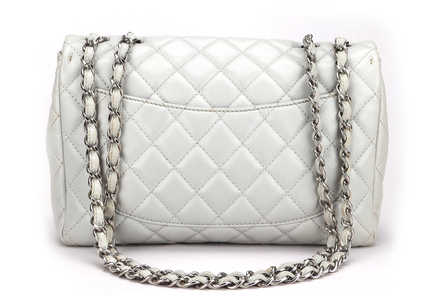CHANEL CLASSIC SINGLE FLAP BAG (1282xxxx) JUMBO LIGHT MINT GREEN COLOR CAVIAR LEATHER, SILVER HARDWARE, WITH  & DUST COVER
