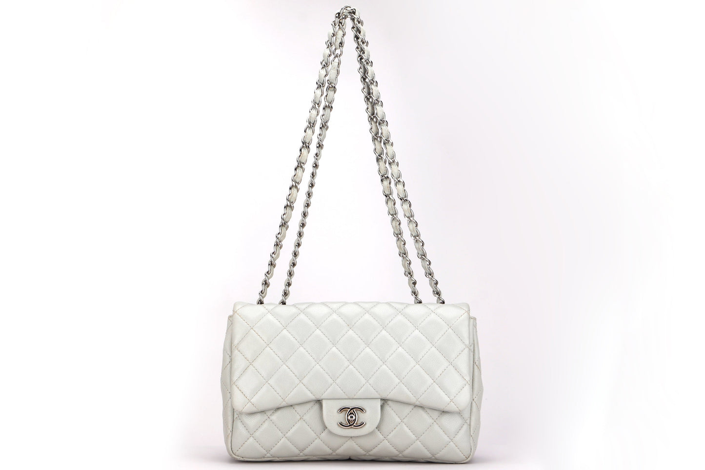 CHANEL CLASSIC SINGLE FLAP BAG (1282xxxx) JUMBO LIGHT MINT GREEN COLOR CAVIAR LEATHER, SILVER HARDWARE, WITH  & DUST COVER