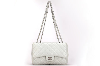 CHANEL CLASSIC SINGLE FLAP BAG (1282xxxx) JUMBO LIGHT MINT GREEN COLOR CAVIAR LEATHER, SILVER HARDWARE, WITH  & DUST COVER