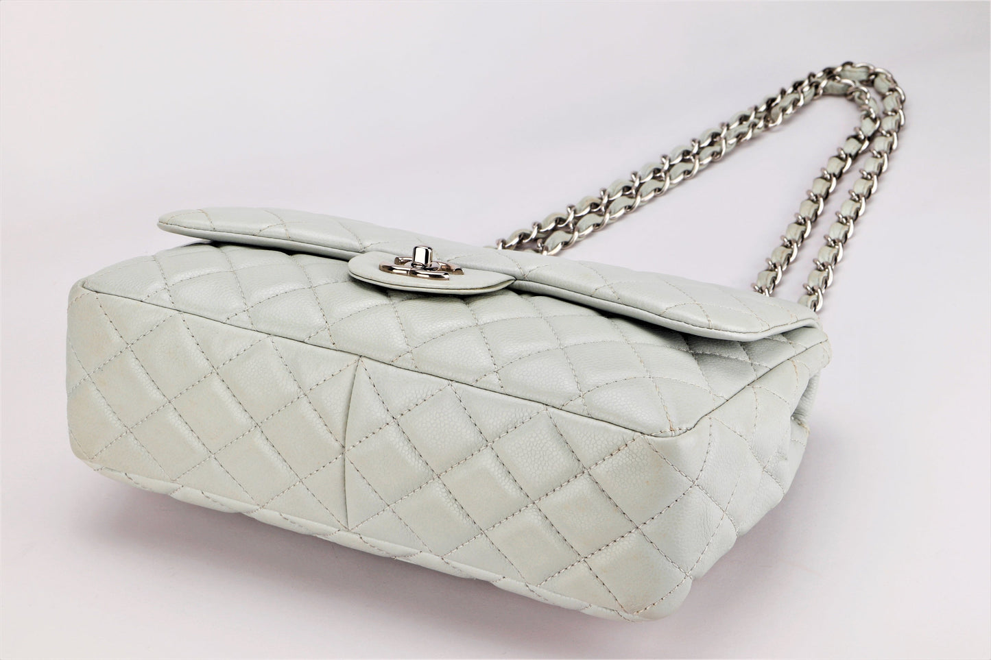 CHANEL CLASSIC SINGLE FLAP BAG (1282xxxx) JUMBO LIGHT MINT GREEN COLOR CAVIAR LEATHER, SILVER HARDWARE, WITH  & DUST COVER