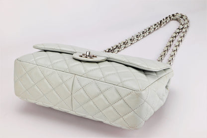 CHANEL CLASSIC SINGLE FLAP BAG (1282xxxx) JUMBO LIGHT MINT GREEN COLOR CAVIAR LEATHER, SILVER HARDWARE, WITH  & DUST COVER
