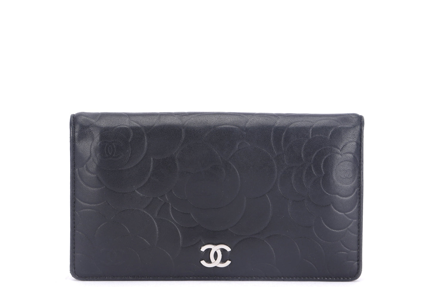 CHANEL CAMELLIA LONG WALLET (1462xxxx) BLACK LAMBSKIN SILVER HARDWARE, WITH  & BOX