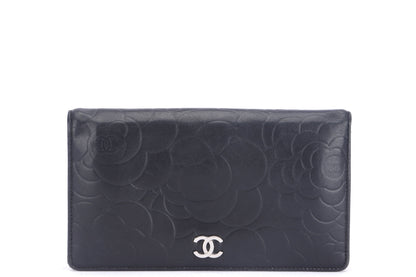 CHANEL CAMELLIA LONG WALLET (1462xxxx) BLACK LAMBSKIN SILVER HARDWARE, WITH  & BOX