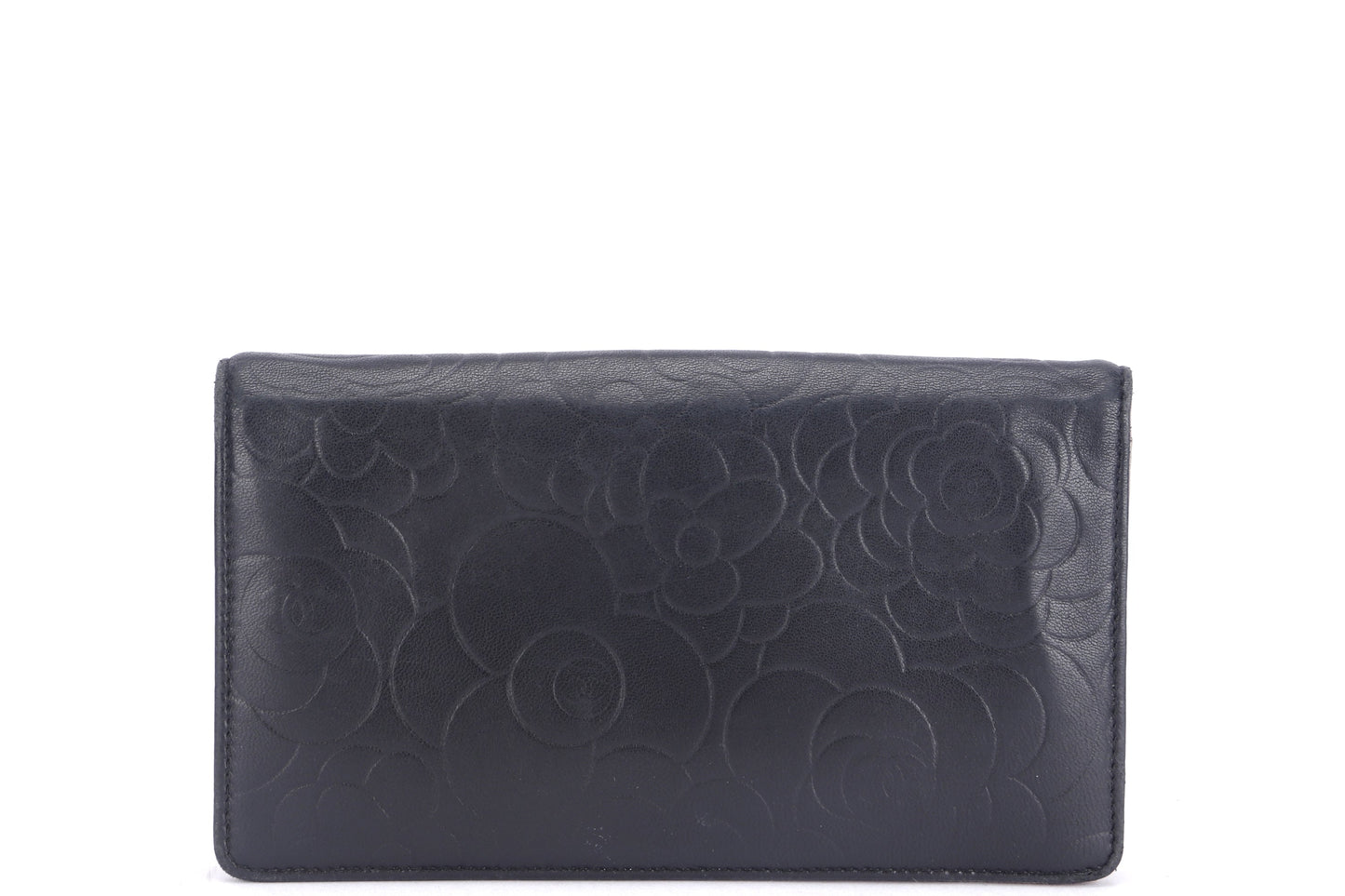 CHANEL CAMELLIA LONG WALLET (1462xxxx) BLACK LAMBSKIN SILVER HARDWARE, WITH  & BOX