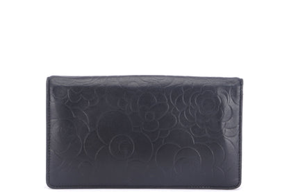 CHANEL CAMELLIA LONG WALLET (1462xxxx) BLACK LAMBSKIN SILVER HARDWARE, WITH  & BOX