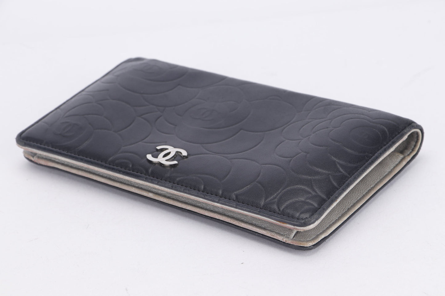 CHANEL CAMELLIA LONG WALLET (1462xxxx) BLACK LAMBSKIN SILVER HARDWARE, WITH  & BOX