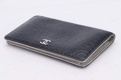 CHANEL CAMELLIA LONG WALLET (1462xxxx) BLACK LAMBSKIN SILVER HARDWARE, WITH  & BOX