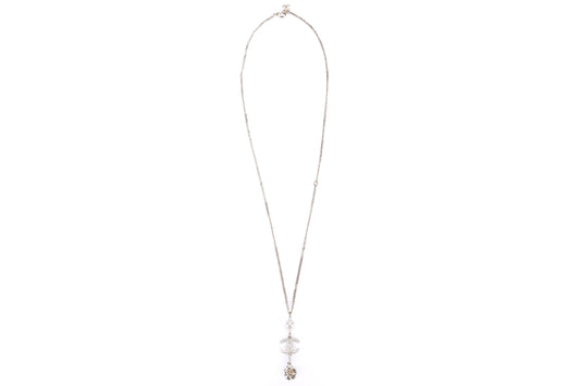 CHANEL 60CM LIGHT GP NECKLACE FAUX PEARL, RHINESTONE CC AND CAMELIA PENDANT, NO BOX