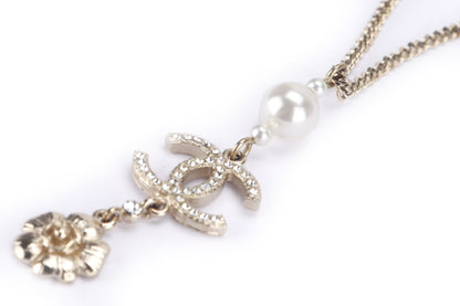 CHANEL 60CM LIGHT GP NECKLACE FAUX PEARL, RHINESTONE CC AND CAMELIA PENDANT, NO BOX