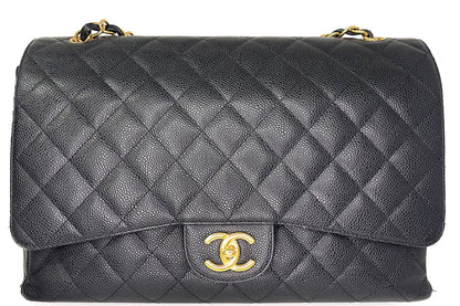 CHANEL CLASSIC FLAP MAXI FLAP (1534xxxx) BLACK CAVIAR GOLD CHAIN, WITH  & DUST COVER