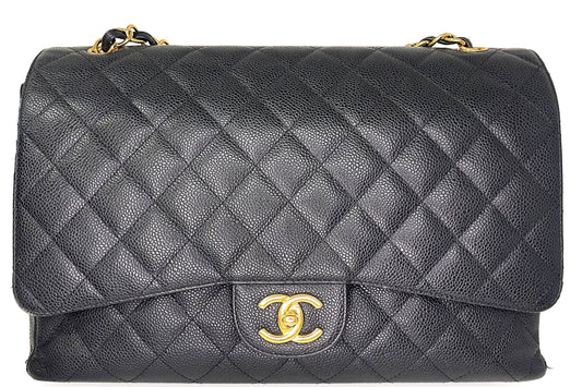 CHANEL CLASSIC FLAP MAXI FLAP (1534xxxx) BLACK CAVIAR GOLD CHAIN, WITH  & DUST COVER