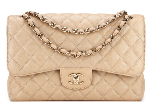 CHANEL CLASSIC FLAP JUMBO (2797xxxx) SHINY BEIGE CAVIAR LEATHER GOLD HARDWARE, WITH , DUST COVER & BOX