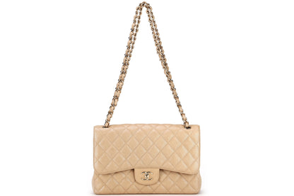 CHANEL CLASSIC FLAP JUMBO (2797xxxx) SHINY BEIGE CAVIAR LEATHER GOLD HARDWARE, WITH , DUST COVER & BOX
