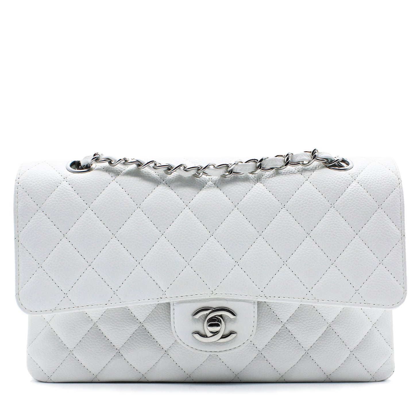 White Quilted Caviar Leather Classic Double Flap Bag
