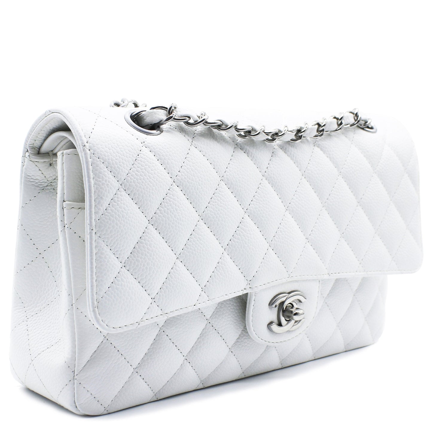 White Quilted Caviar Leather Classic Double Flap Bag