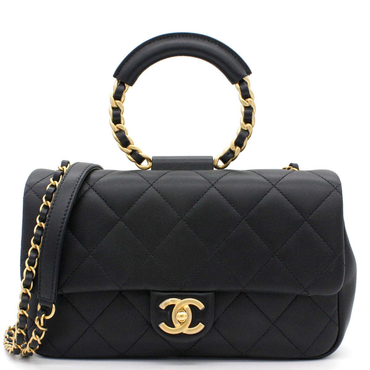 Lambskin Quilted Small Circular Handle Bag Black