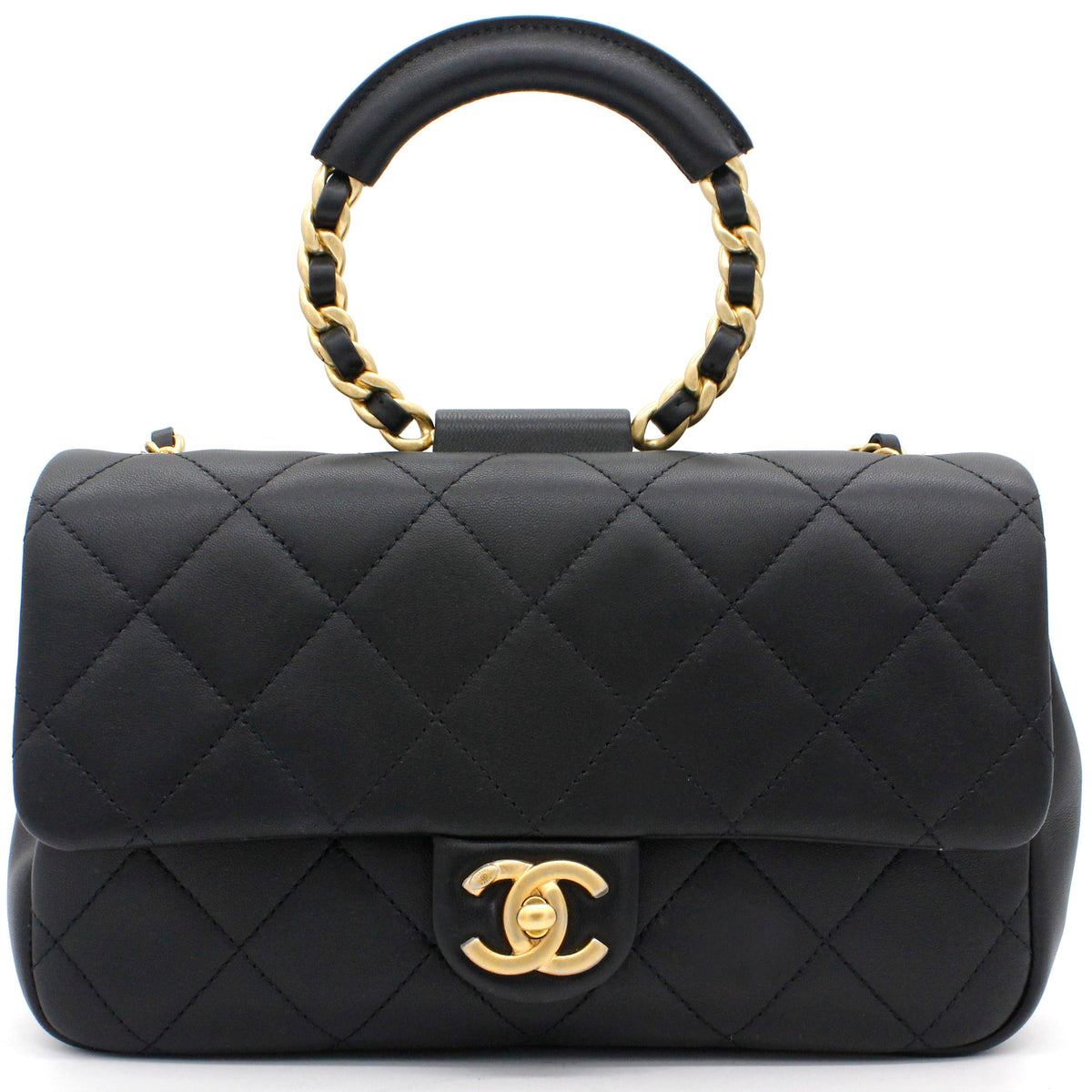 Lambskin Quilted Small Circular Handle Bag Black