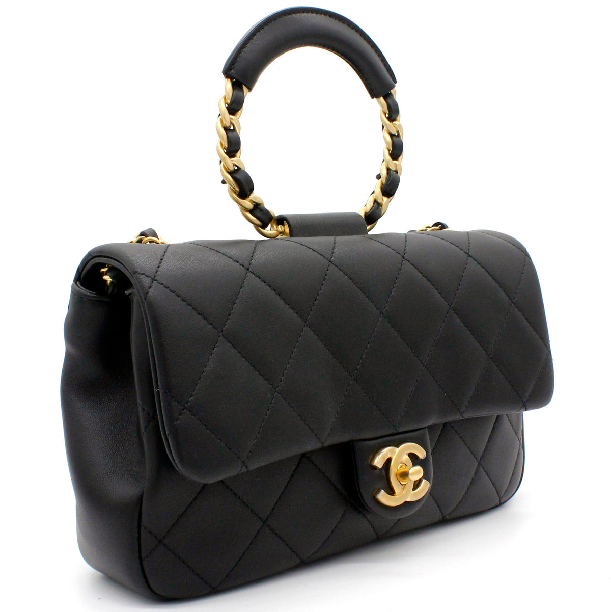 Lambskin Quilted Small Circular Handle Bag Black