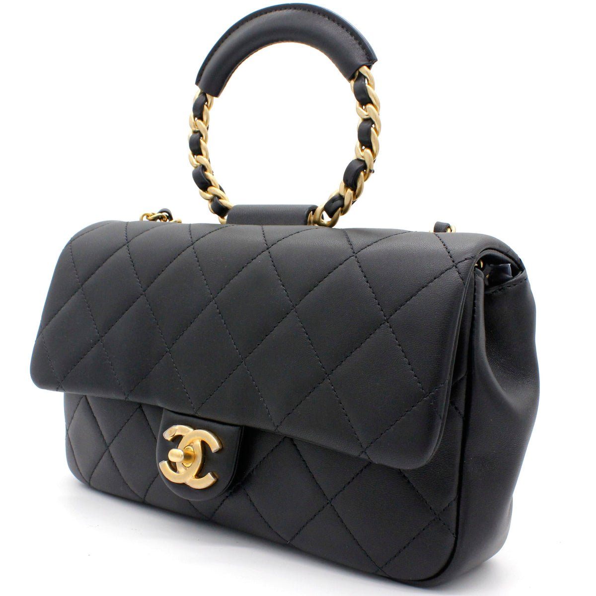 Lambskin Quilted Small Circular Handle Bag Black