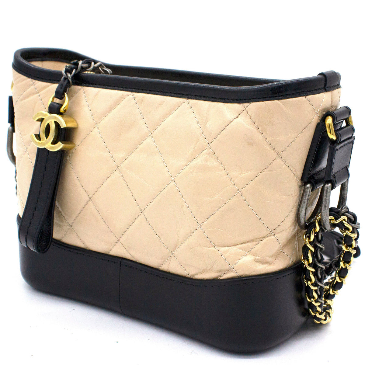 Calfskin Quilted Small Gabrielle Hobo Black Beige