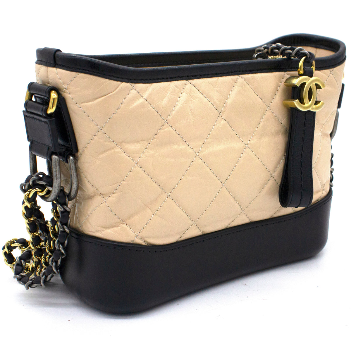 Calfskin Quilted Small Gabrielle Hobo Black Beige