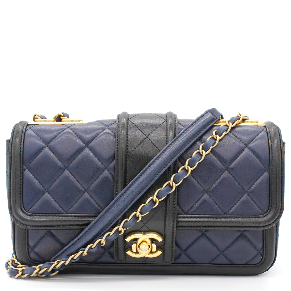 Lambskin Quilted Medium Elegant CC Flap Navy Black