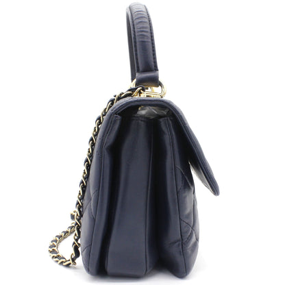 Navy Blue Quilted Leather Small Trendy CC Flap Shoulder Bag