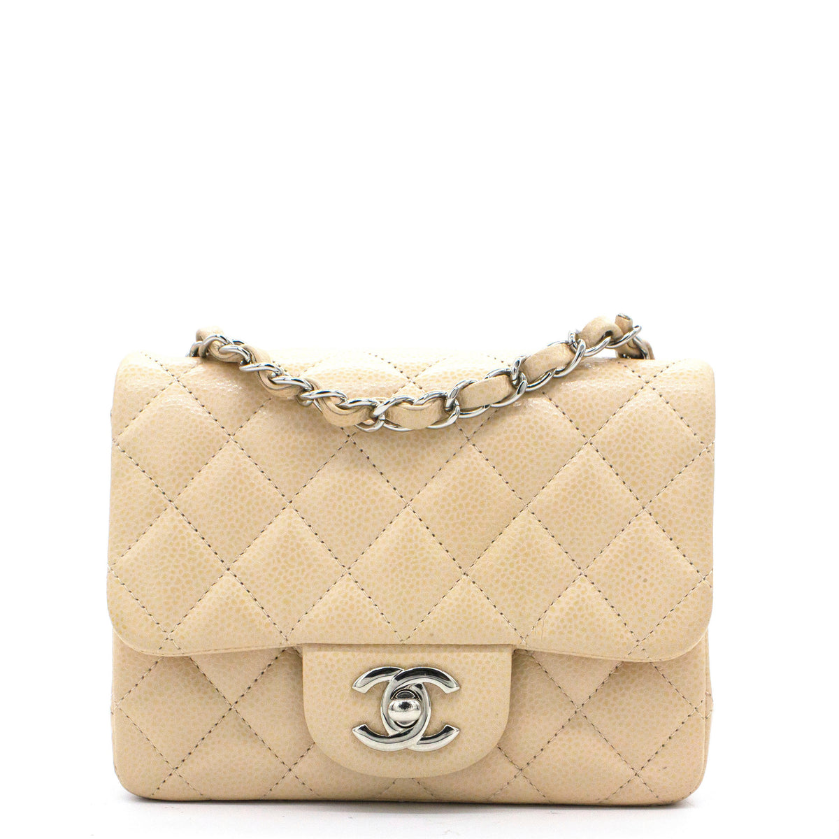 Beige Caviar Quilted Mini Square Flap Bag