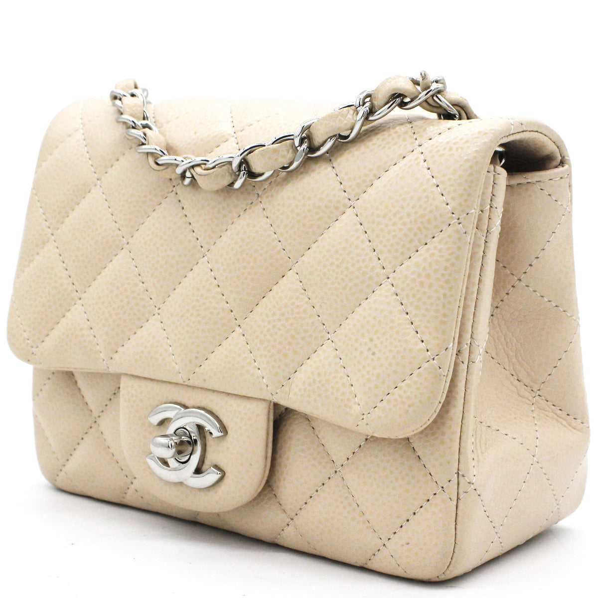 Beige Caviar Quilted Mini Square Flap Bag