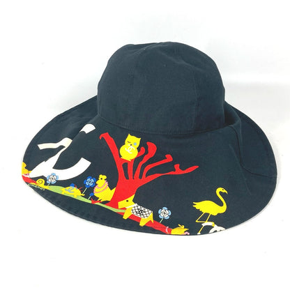 CHANEL hat cotton black Vintage Wide Brim All-over pattern CC COCO Mark Flower Floral Owl 57