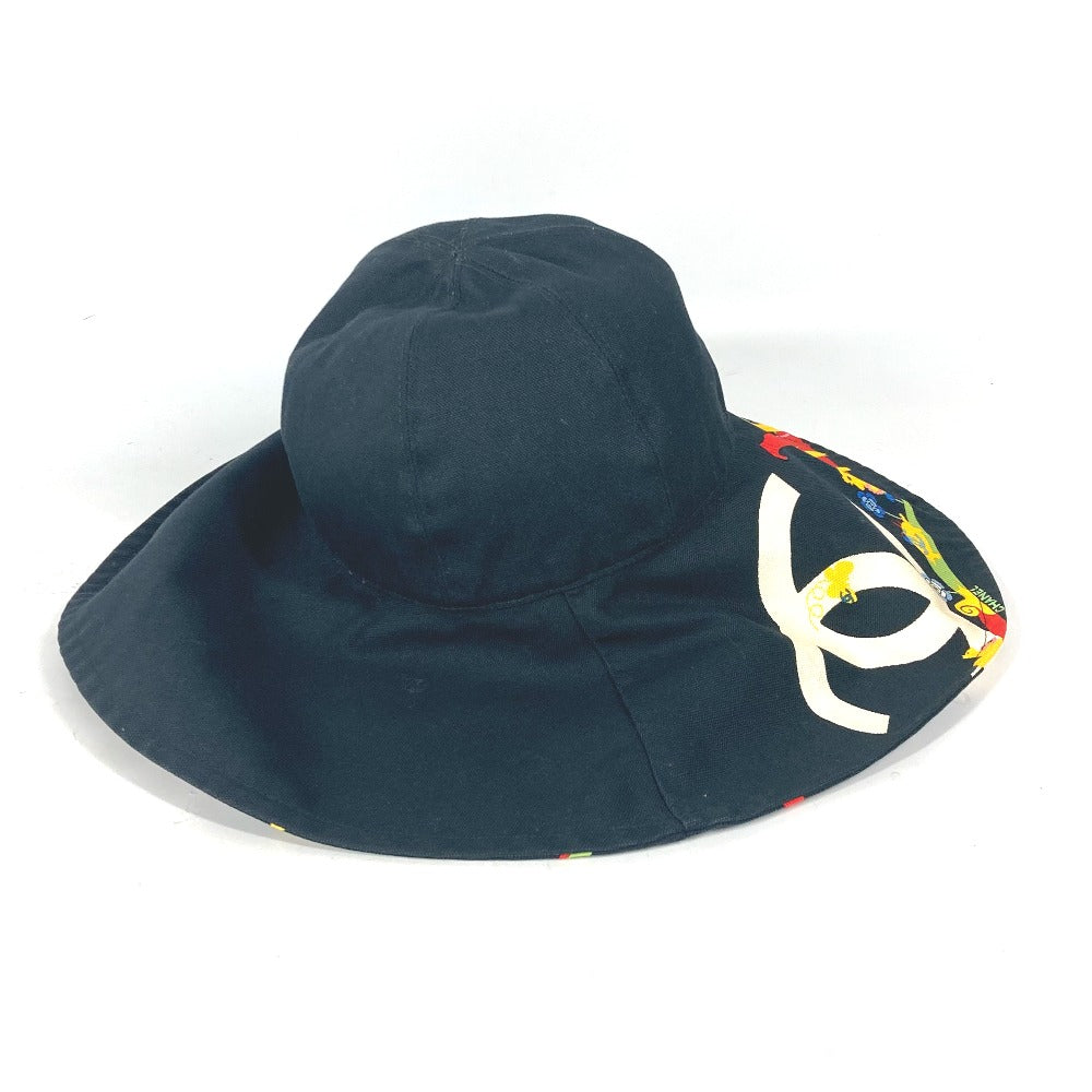 CHANEL hat cotton black Vintage Wide Brim All-over pattern CC COCO Mark Flower Floral Owl 57