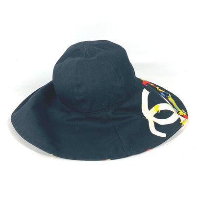 CHANEL hat cotton black Vintage Wide Brim All-over pattern CC COCO Mark Flower Floral Owl 57