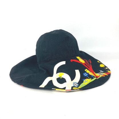 CHANEL hat cotton black Vintage Wide Brim All-over pattern CC COCO Mark Flower Floral Owl 57