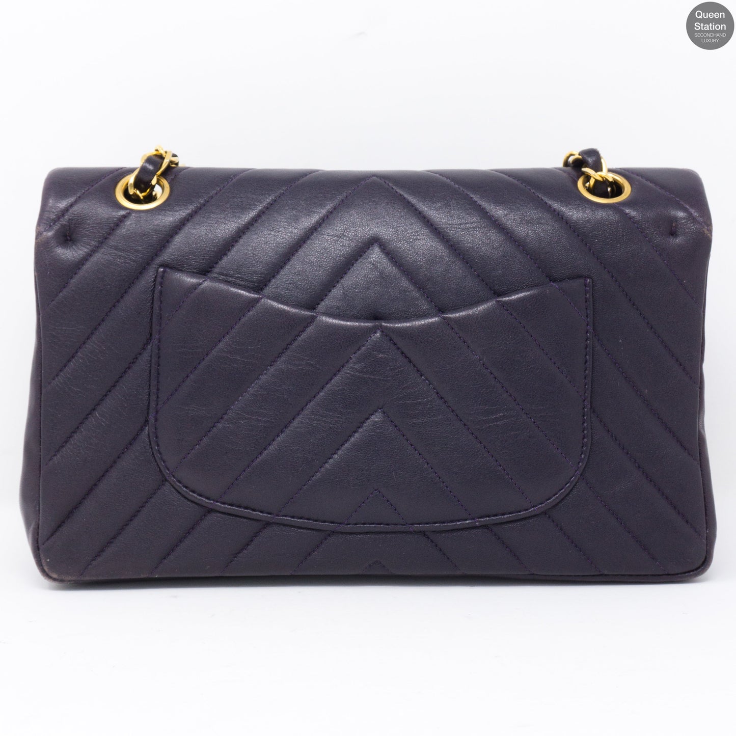 Classic Double Flap Chevron Medium Purple Leather GHW