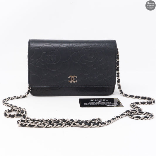 Black Leather Camelia Wallet On Chain