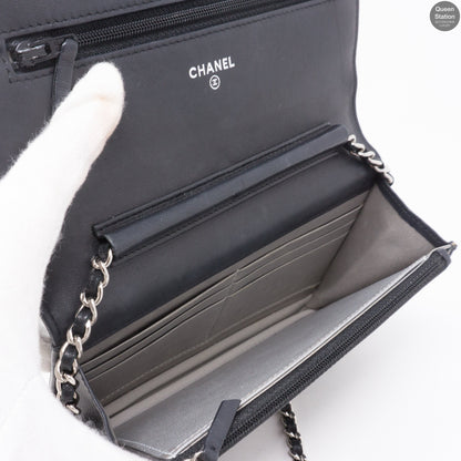 Black Leather Camelia Wallet On Chain