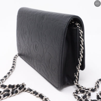 Black Leather Camelia Wallet On Chain