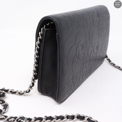 Black Leather Camelia Wallet On Chain