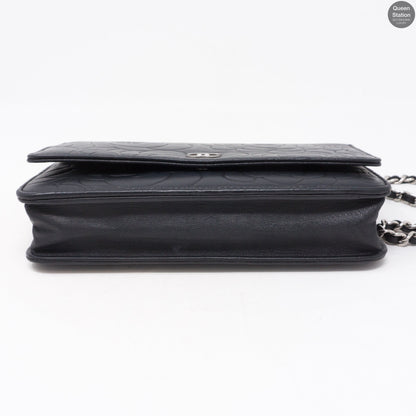 Black Leather Camelia Wallet On Chain