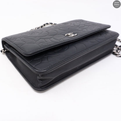 Black Leather Camelia Wallet On Chain