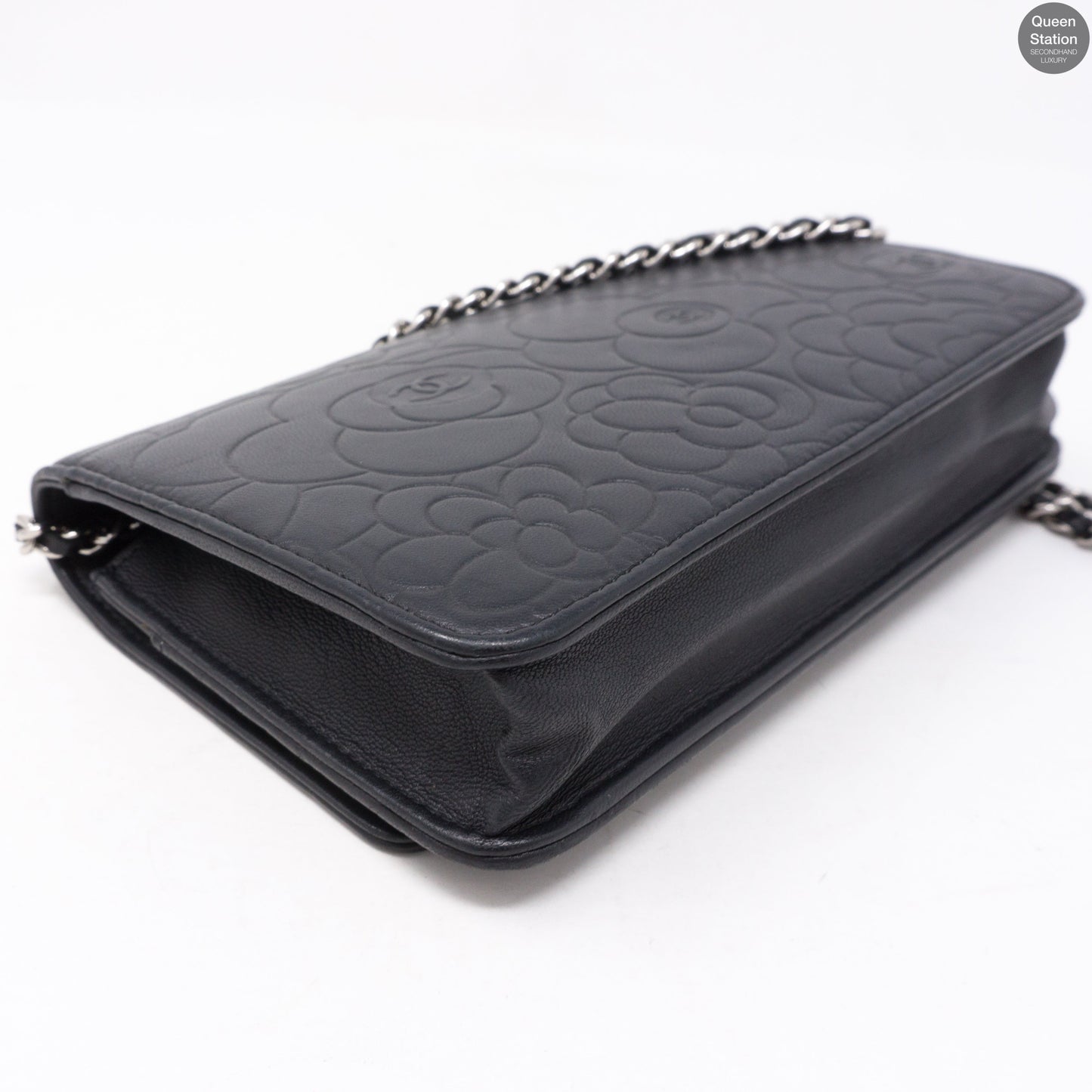 Black Leather Camelia Wallet On Chain