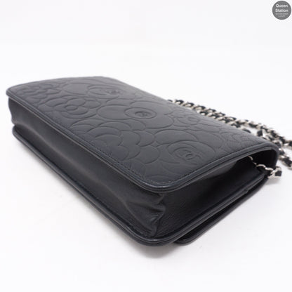 Black Leather Camelia Wallet On Chain