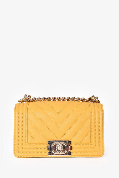 Pre-loved Chanel™ 2019/20 Yellow Caviar Leather Small Boy Bag