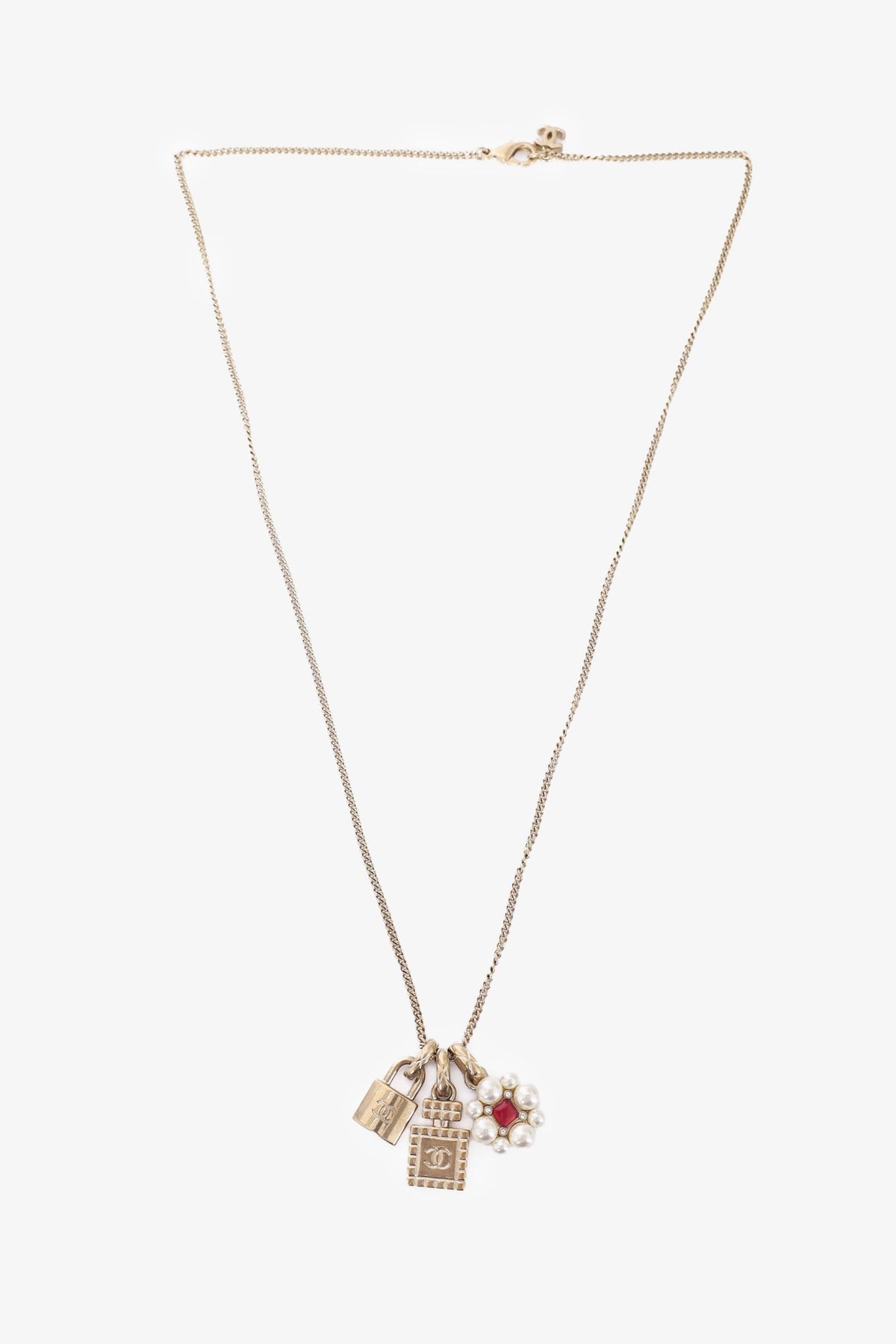Chanel™ CC Perfume Bottle Padlock Flower Triple Pendant Necklace
