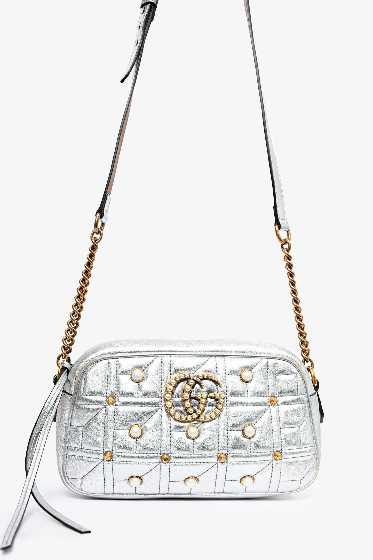 Gucci Silver Leather Pearl Studded Marmont Crossbody Bag